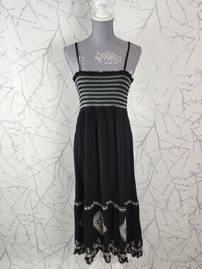 Room 34 Black White Embroidered Strappy Smocked Long Dress
